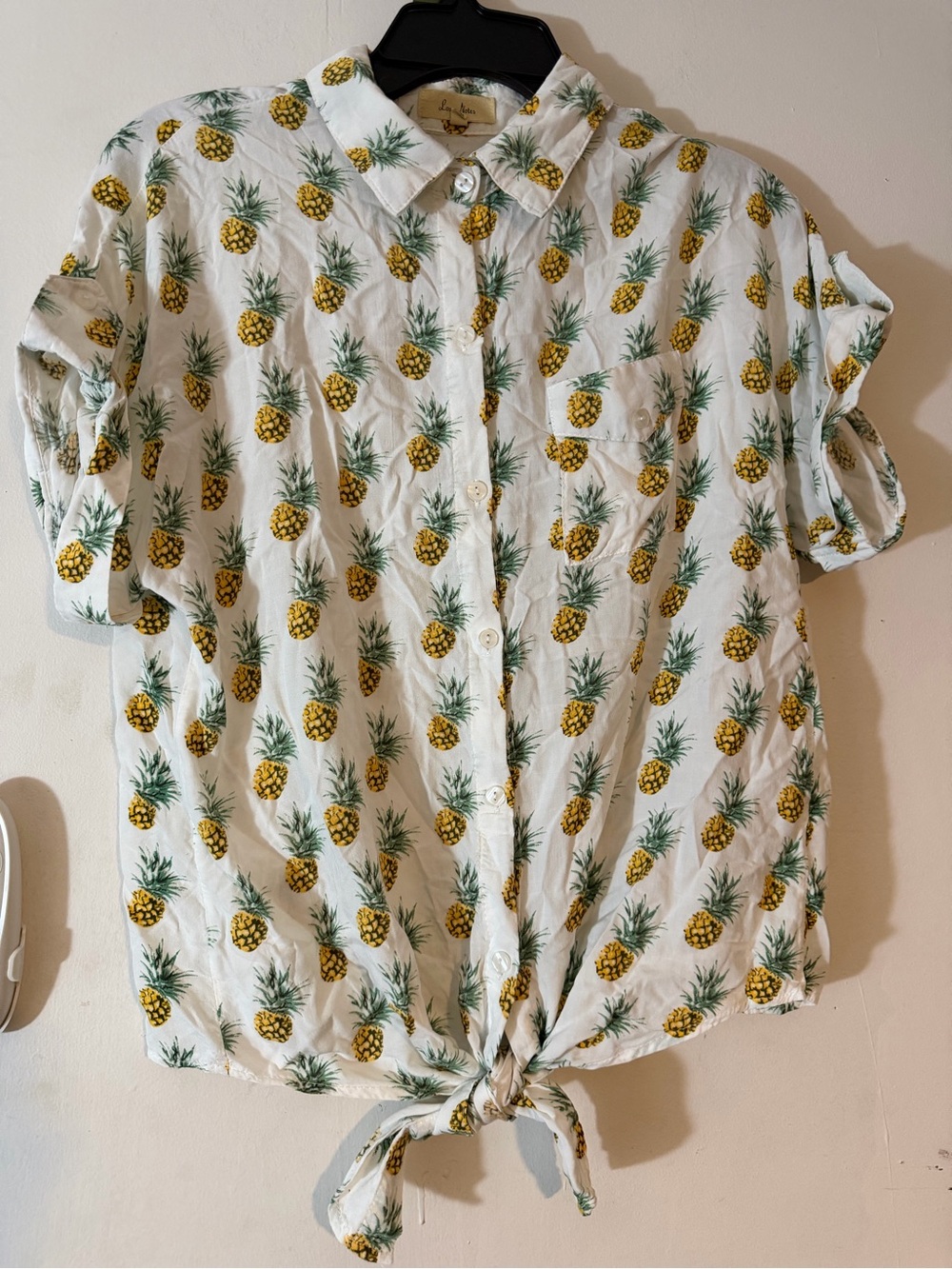 Love Notes White Pineapple Tropical Tie Front Collared Button-Up Top L Rayon